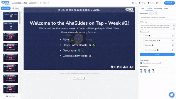 A GIF of the AhaSlides editor, with all 40 pub quiz questions and answers ready for viewing.