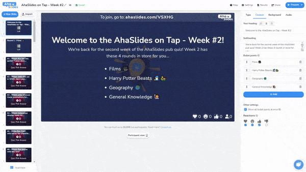 Una GIF dell'editor di AhaSlides, con tutte le 40 domande e risposte dei quiz sui pub pronte per la visualizzazione.