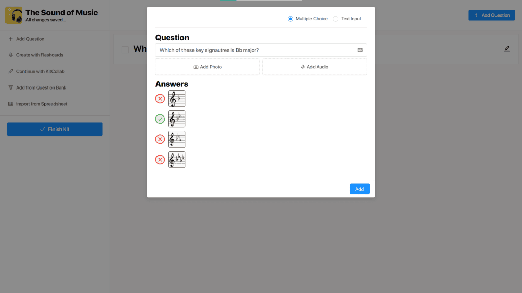 Creating a quiz question about time signatures in music on GimKit Live