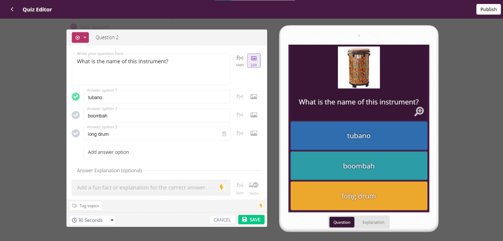 Creando una pregunta sobre instrumentos africanos en Quizizz.