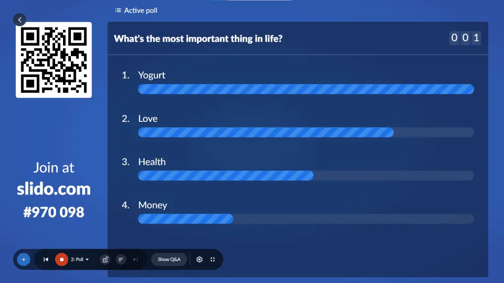 Një sondazh me zgjedhje të shumëfishtë i bërë në Slide, një nga shumë alternativat për Kahoot