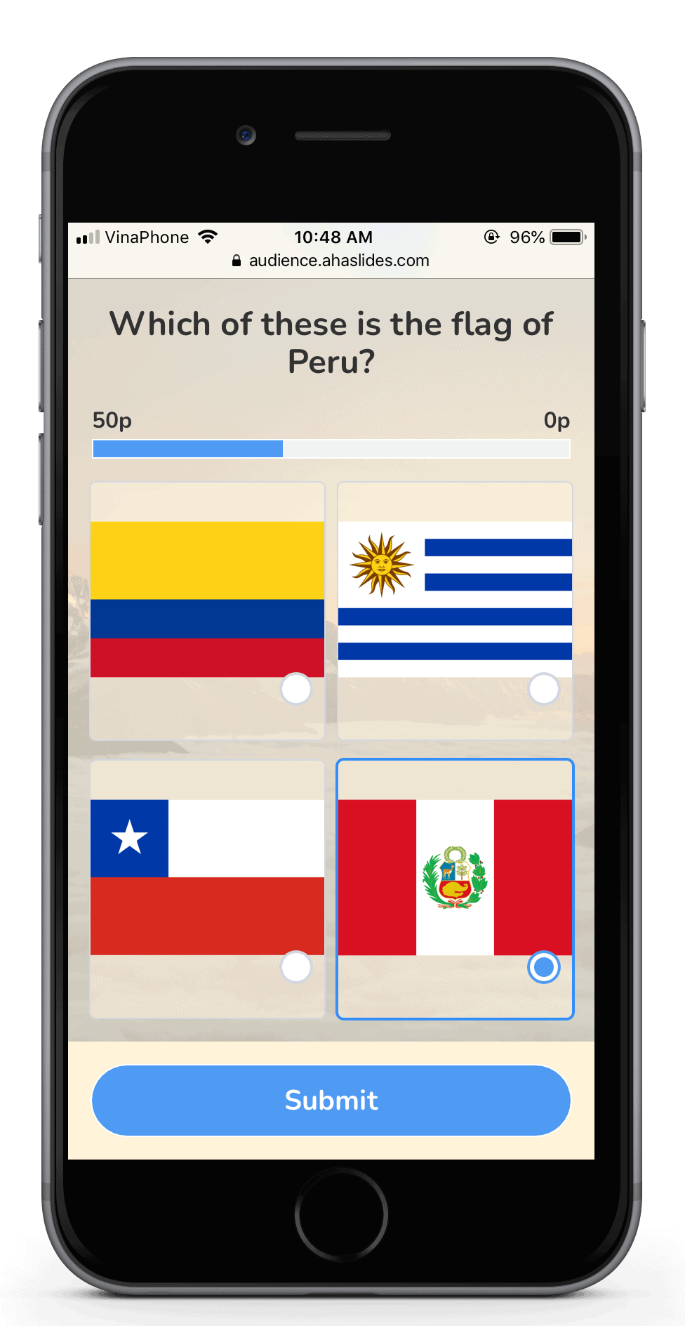 A phone screen showing the player view of an online quiz using AhaSlides