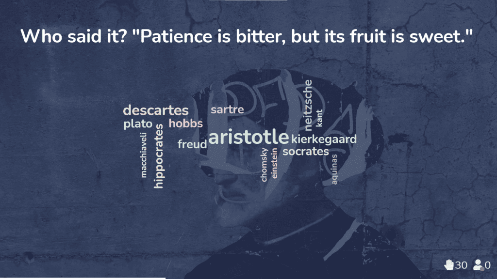 A word cloud with a trivia question about a philosopher's quote.