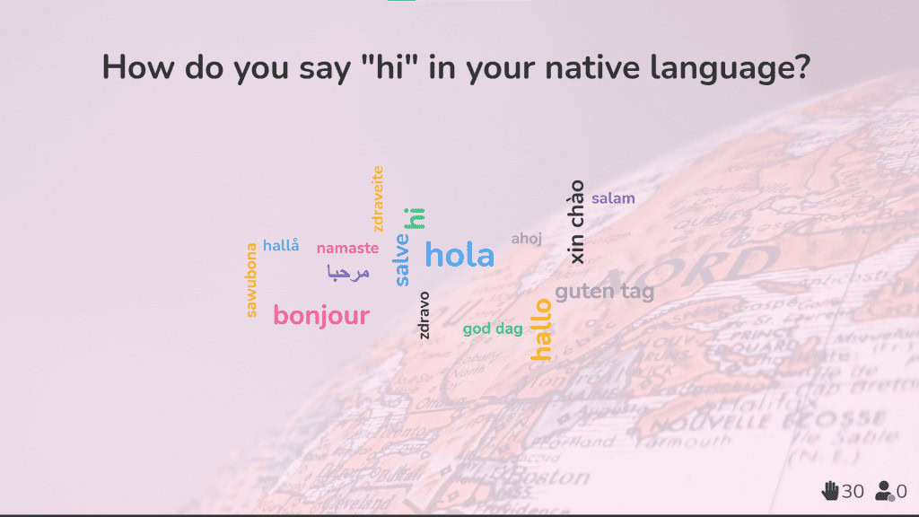 Un generador de nube de palabras en vivo con diferentes formas de saludar en diferentes idiomas.