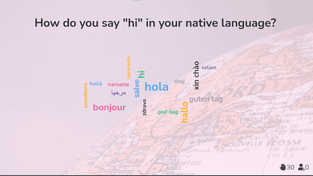 Ein Live-Wortwolkengenerator mit verschiedenen Möglichkeiten, in verschiedenen Sprachen Hallo zu sagen.