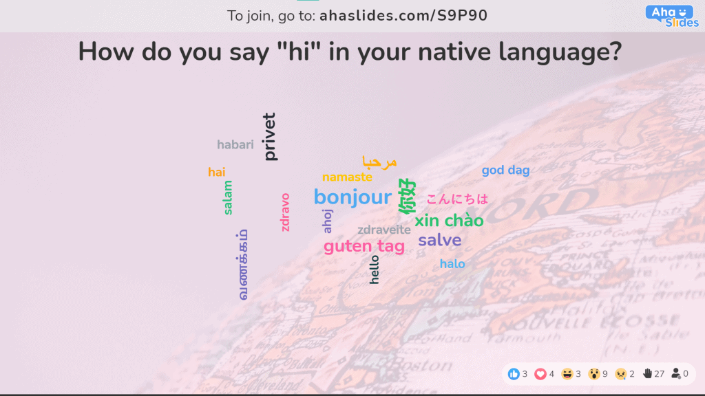Uma nuvem de palavras com diferentes maneiras de dizer oi nas línguas nativas do público.