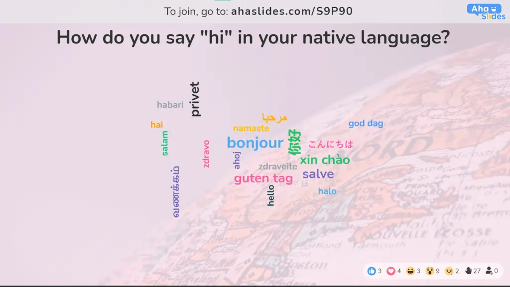 Una nuvola di parole con diversi modi per dire ciao nelle lingue native dei membri del pubblico.