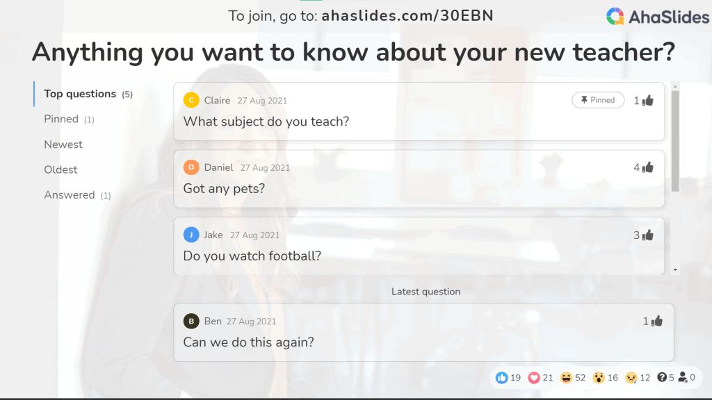 Slide de perguntas e respostas sobre o AhaSlides, uma das melhores alternativas gratuitas para o Slido