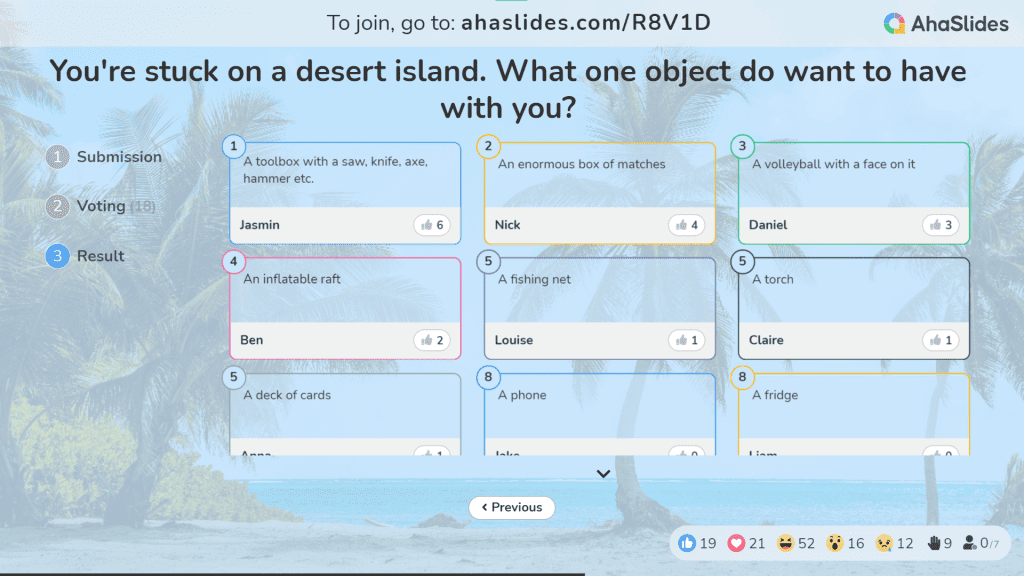 people playing desert island on AhaSlides' brainstorming platform