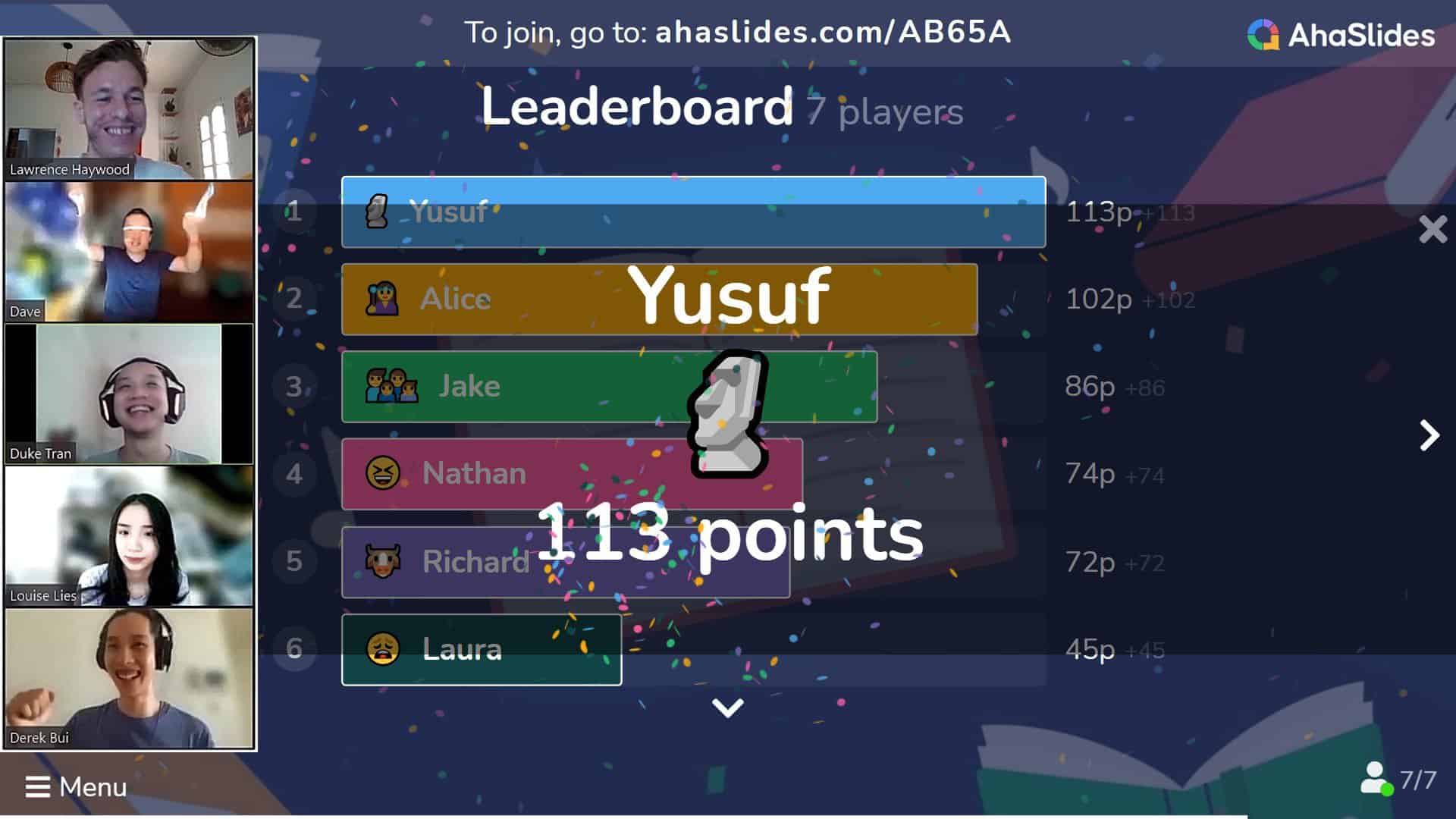 A final leaderboard on a quiz for students on AhaSlides