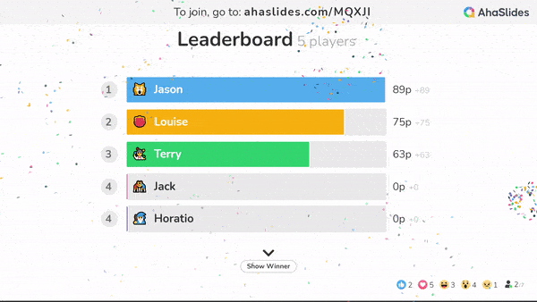 Die Leaderboard-Folie zeigt, wie Reaktionen auf AhaSlides funktionieren