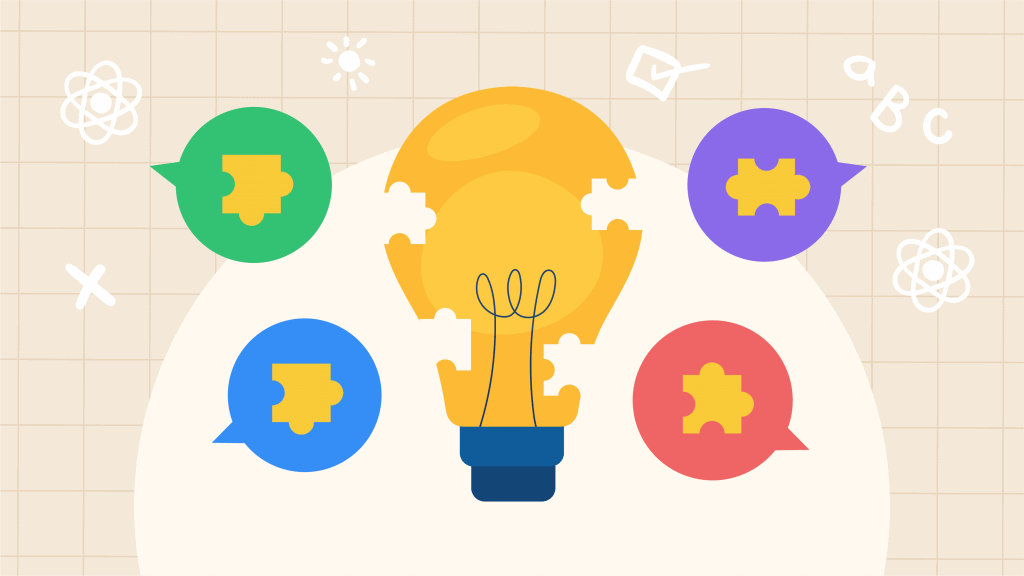 Illustration of a lightbulb missing pieces, surrounded by speech bubbles containing those pieces