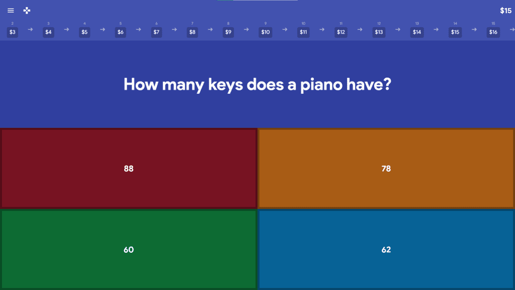 Een vraag uit een muziekquiz op GimKit Live.