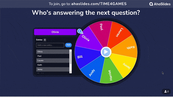 A spinner wheel, used for Zoom games, asking who will answer the next question by the presenter