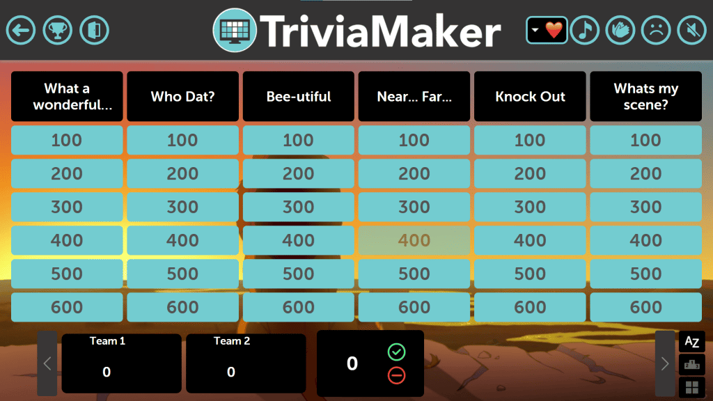 Igra u stilu Jeopardy na TriviaMakeru.