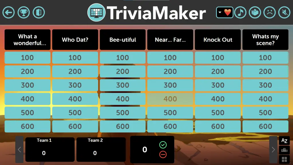 Xogo de estilo Jeopardy en TriviaMaker.