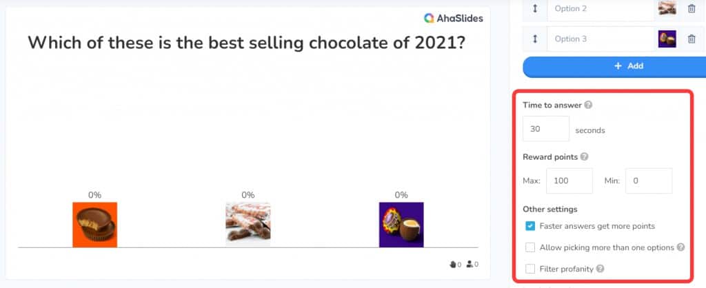 Leg med indstillingerne for et spørgsmål i en nytårsquiz på AhaSlides