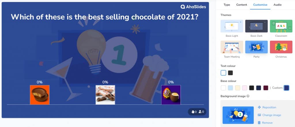 Cambia l'apparenza di una quistione di quiz in AhaSlides. Quiz d'annu novu