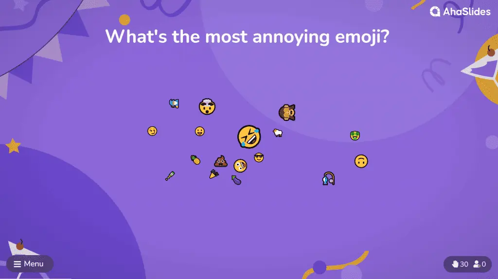 Een woordwolkvoorbeeld voor de vraag 'wat is de meest irritante emoji'?