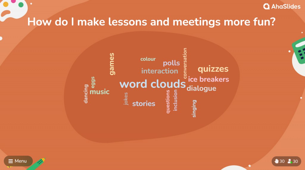 A word cloud showing responses to the question 'how do I make lessons and meetings more fun?'