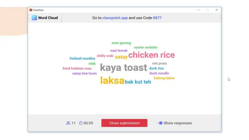 Una colección de palabras que muestran la comida malaya en ClassPoint