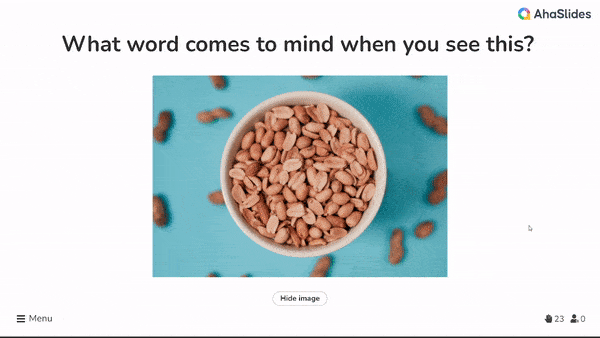 A GIF of a word cloud with an image of peanuts. The question asks "what word comes to mind when you see this?"