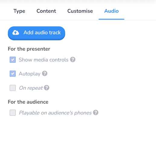Configurações de áudio para slide de teste no AhaSlides