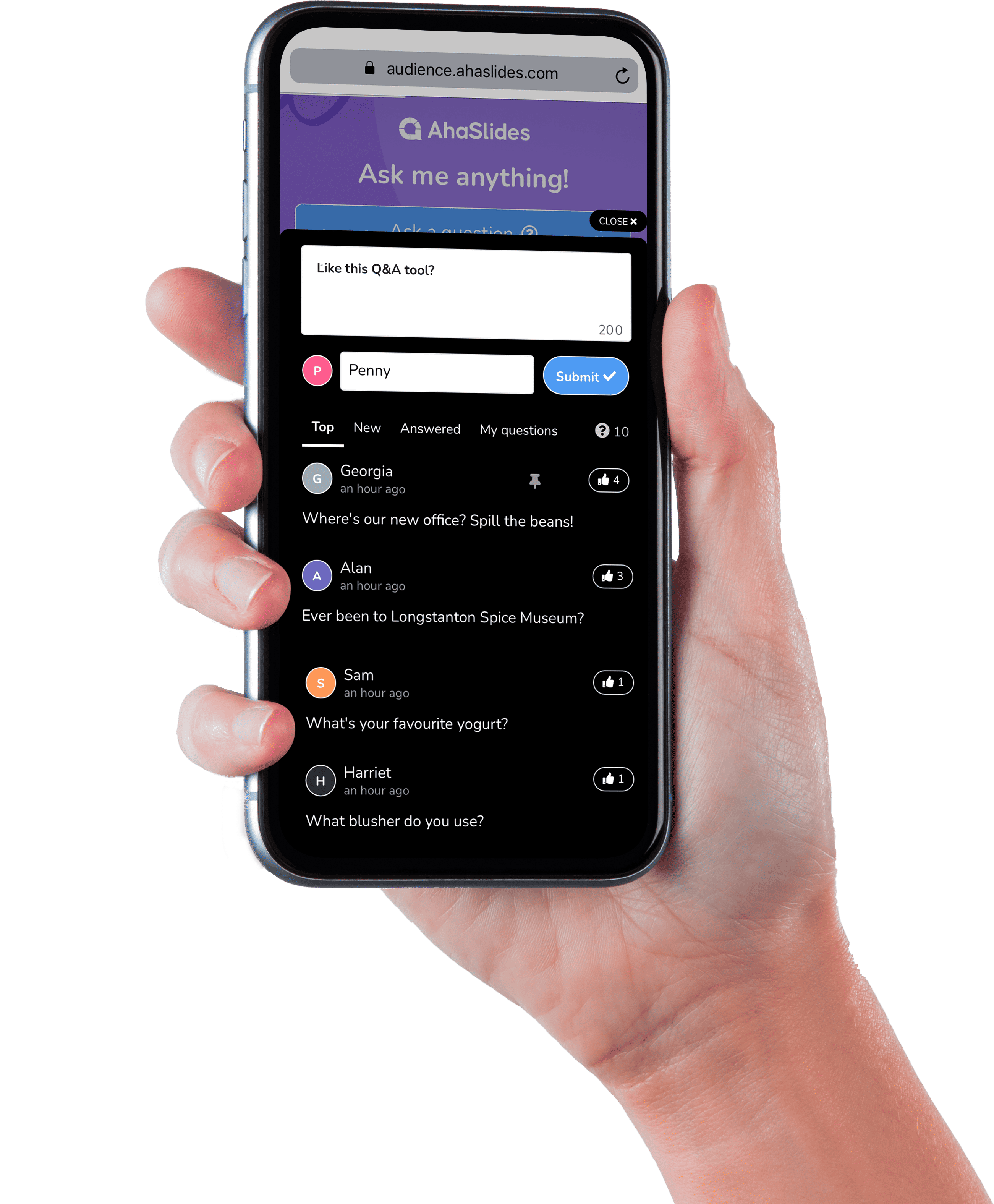 Hand holding a phone showing the Q&A feature on AhaSlides