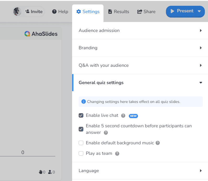 AhaSlides-ലെ പൊതുവായ ക്വിസ് ക്രമീകരണങ്ങളുടെ സ്‌ക്രീൻഷോട്ട്