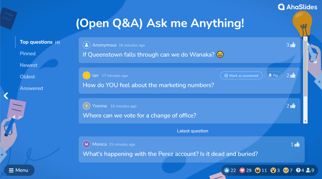 Screenshot of a Q&A slide on AhaSlides during an Ask me Anything session.