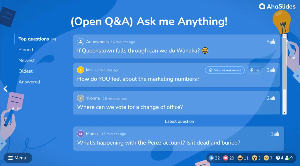 لقطة شاشة لشريحة أسئلة وأجوبة على AhaSlides أثناء جلسة Ask me Anything.