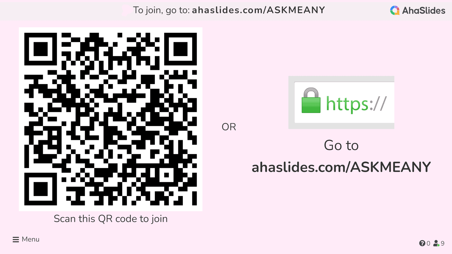 Ein QR-Code und ein Beitrittscode für eine Präsentation auf AhaSlides