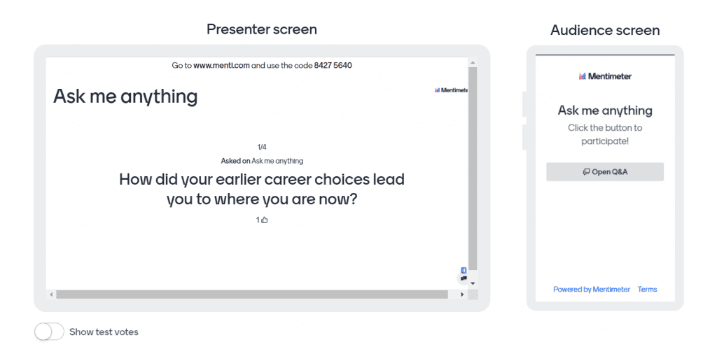 A presenter and audience screen during a Q&A session using Mentimeter