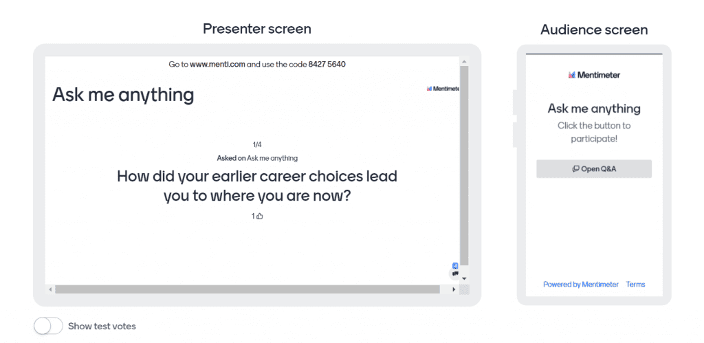 Una pantalla de presentador y audiencia durante una sesión de preguntas y respuestas usando Mentimeter