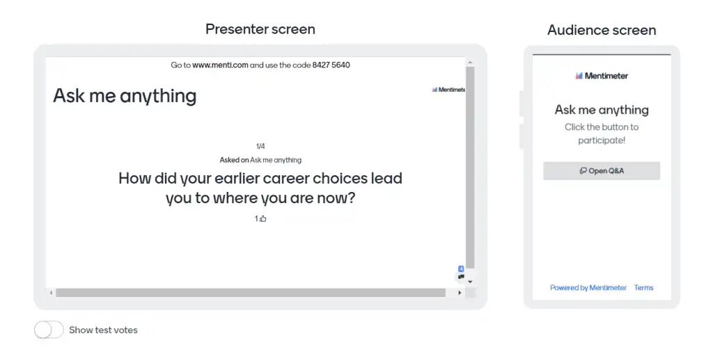 Mentimetre kullanarak bir Soru-Cevap oturumu sırasında sunum yapan kişi ve izleyici ekranı