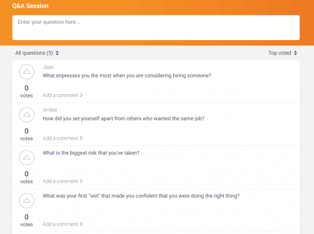 A list of questions from an audience using Pigeonhole Live