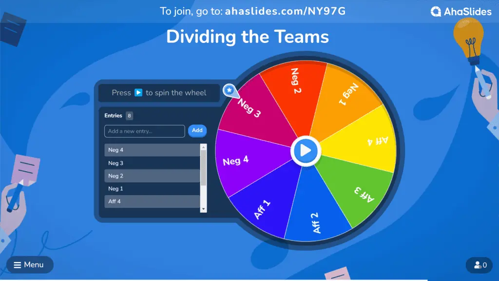 menggunakan roda pemintal AhaSlides untuk membagi tim dalam debat untuk pemula