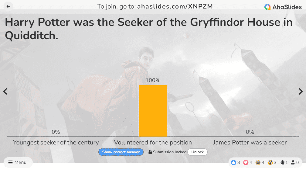 Um jogo de 2 verdades 1 mentira com uma pergunta de Harry Potter, colocada no AhaSlides.