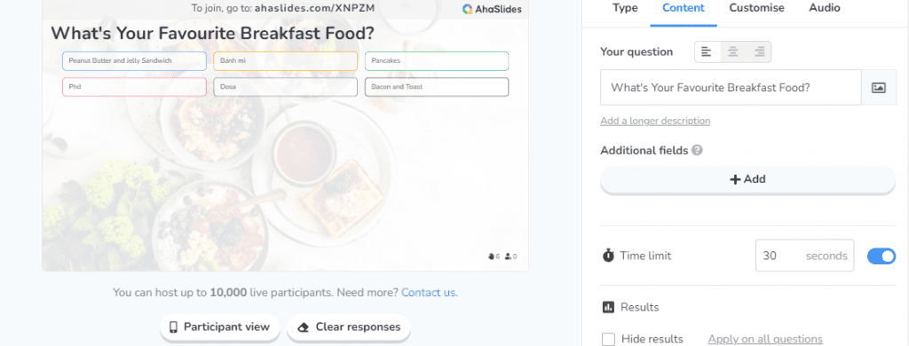 Capture d'écran d'une diapositive ouverte sur AhaSlides