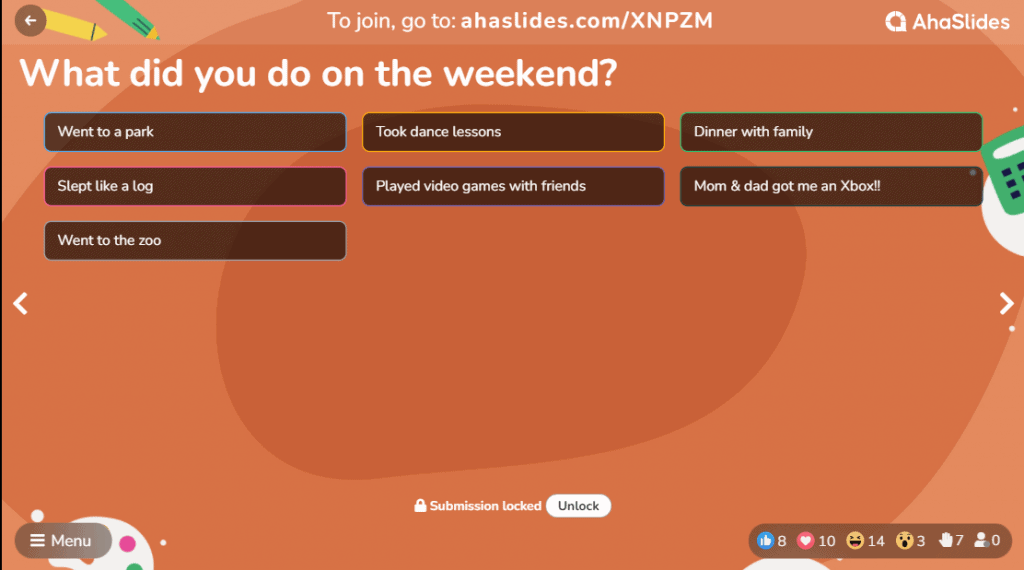 Weekend trivia on an open-ended slide on AhaSlides | games to play on zoom with coworkers