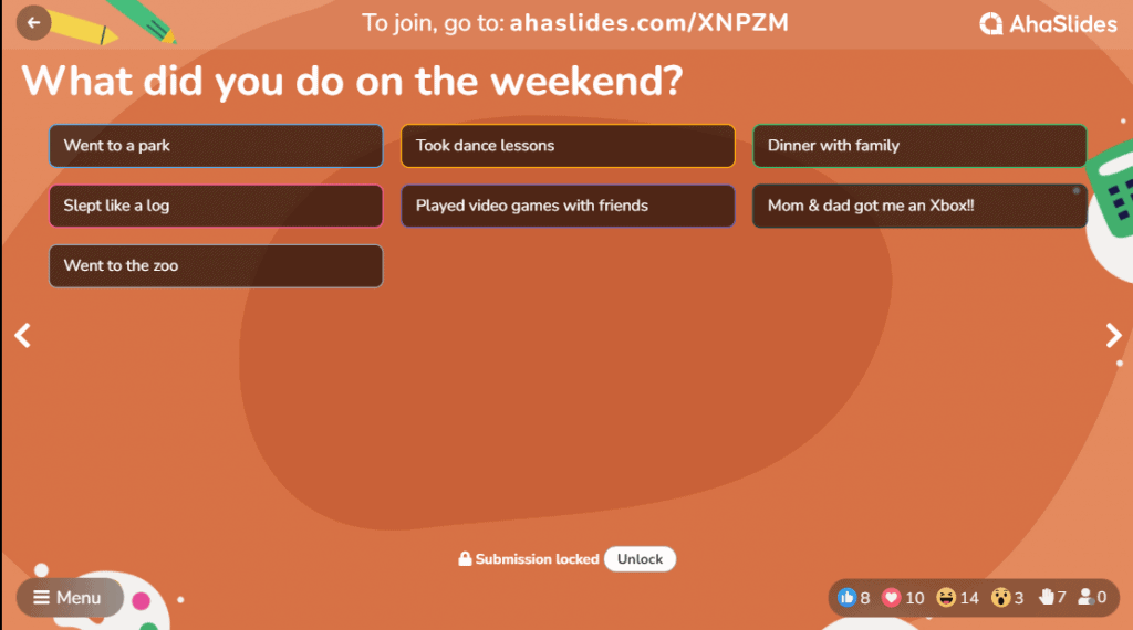 Quiz du week-end sur une diapositive ouverte sur AhaSlides | jeux pour jouer sur zoom avec des collègues