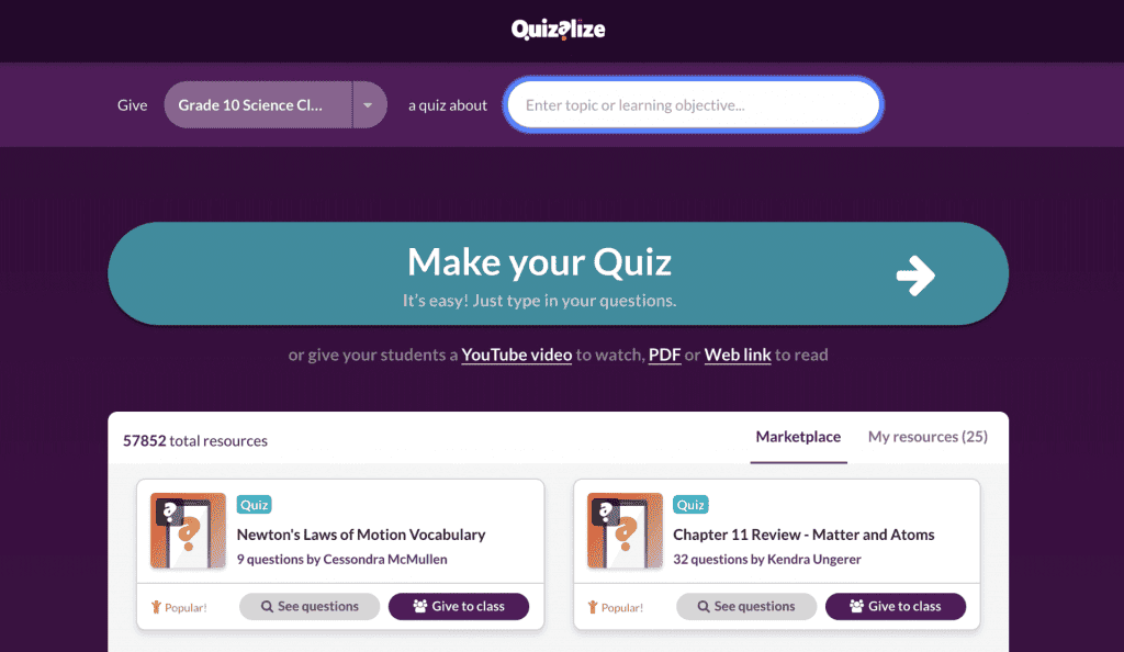 A screenshot of Quizalize, one of the best digital classroom tools