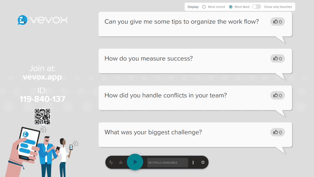 A list of questions on a Q&A slide on Vevox, one of the best Q&A apps