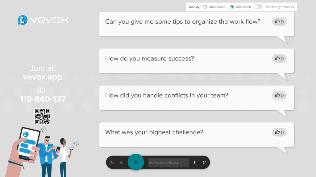Una llista de preguntes en una diapositiva de preguntes i respostes a Vevox, una de les millors aplicacions de preguntes i respostes