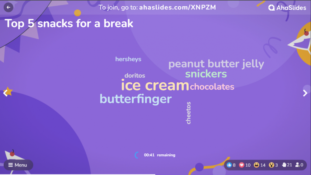 Un nuage de mots sur AhaSlides avec les noms de snacks sucrés
