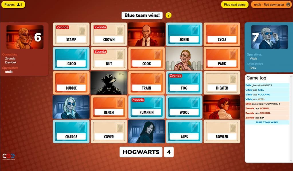 A screenshot of a game of Codenames | virtual games to play on zoom