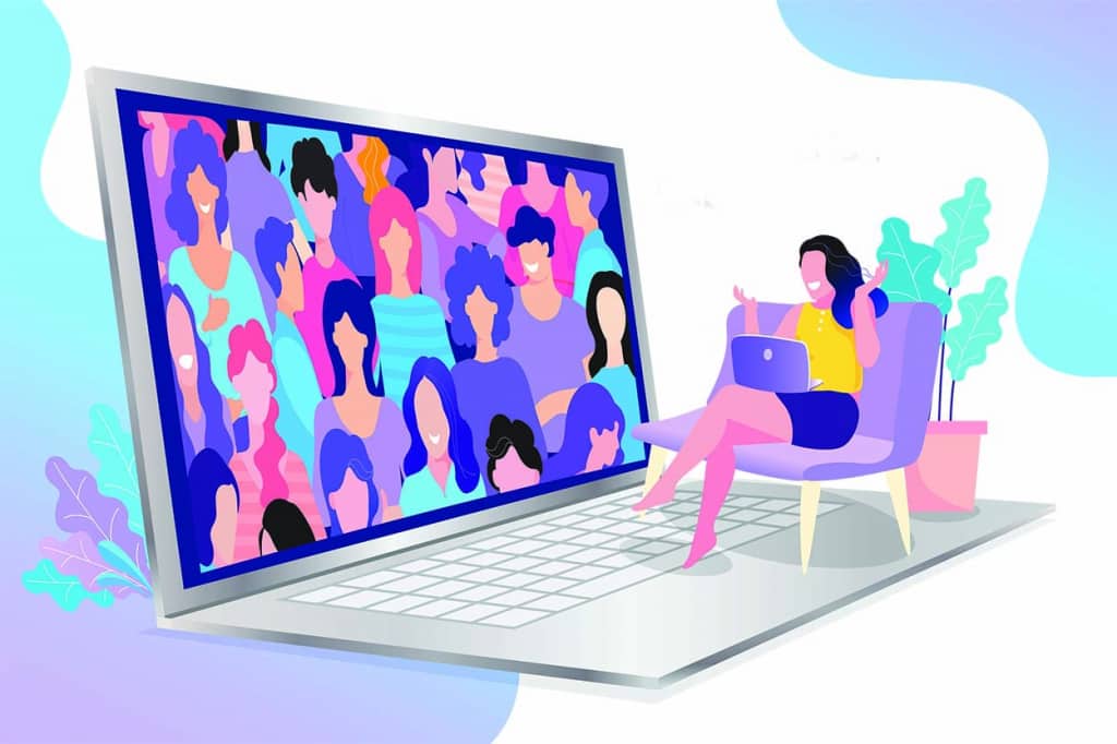Illustration of a presenter with good body language sitting on a laptop with a screen full of colourful characters. 