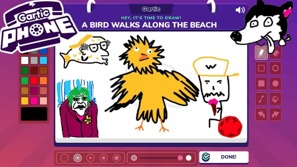 pessoas desenhando a imagem de um pássaro andando pela praia no telefone gartic