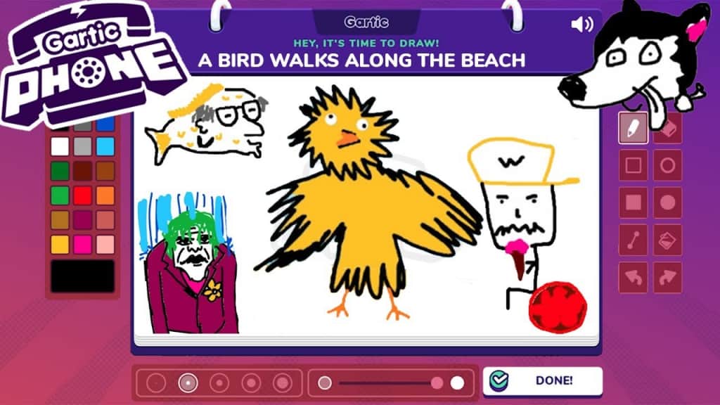 people drawing the picture of a bird walking along the beach in gartic phone 