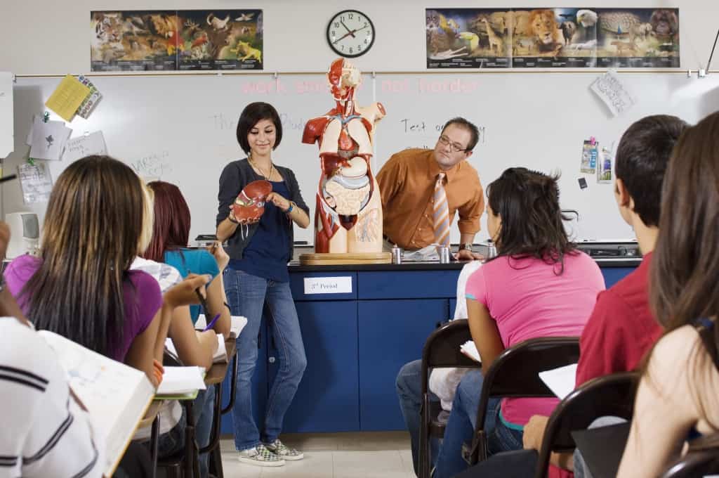 A student presenting the human body to classmates during science class